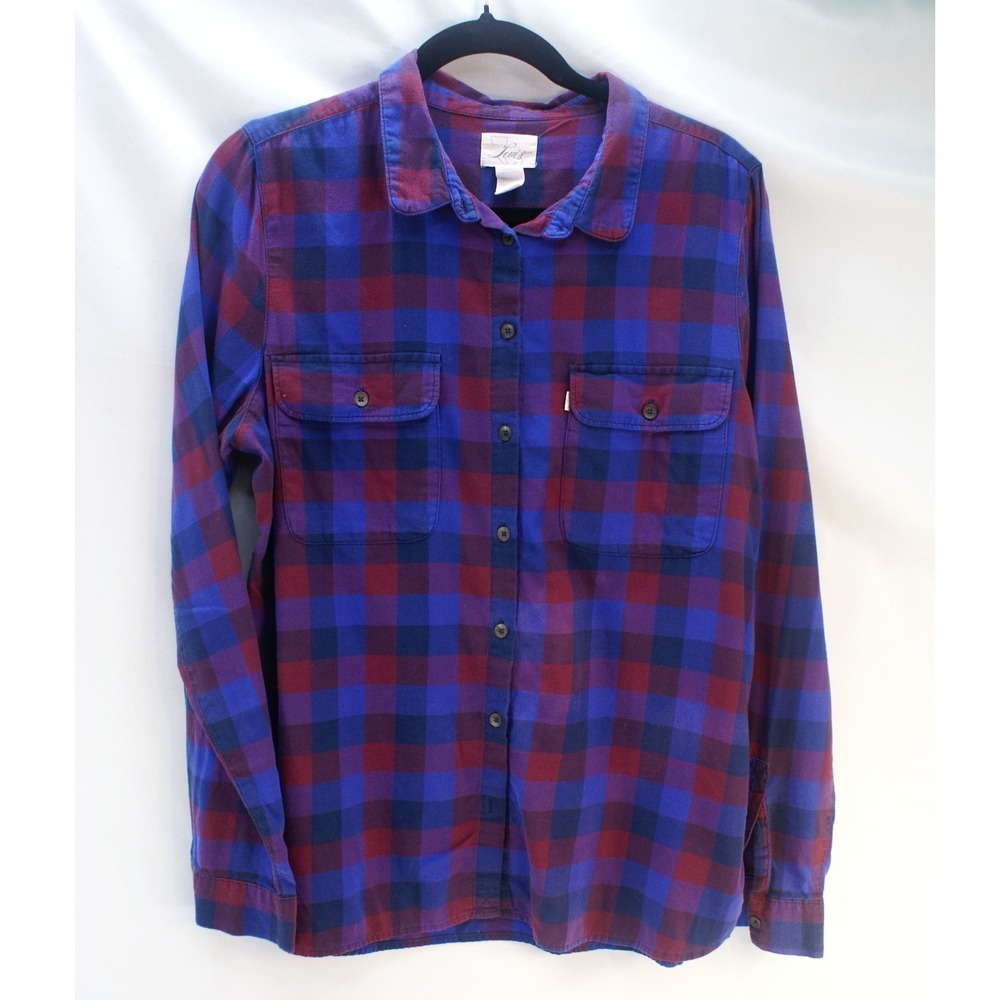 Levis Womens Purple Blue Buffalo Plaid Flannel Button Down Shirt L Grunge Casual